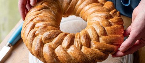 Paul Hollywood’s Seven-strand Plaited Wreath - The Great British Bake Off 7 Strand Plait Bread, The Great British Bake Off Recipes, Braided Bread Wreath, Bread Wreath Braided, Great British Bake Off Recipes, Paul Hollywood Bread Recipes, Paul Hollywood Bread, Paul Hollywood Recipes, Gbbo Recipes