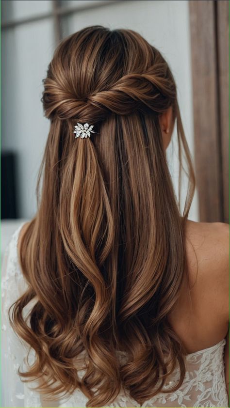 Bridesmaid Hair Pinned Back, Easy Bridal Hair Medium Length, Bridal Hairstyles Shoulder Length Hair, Wedding Hairstyles Medium Length Brown Hair, Simple Wedding Hair Bridesmaid, Medium Bridal Hairstyles, Bride Hairstyles Medium Length Half Up, Bride Straight Hairstyles, Bridal Medium Hair