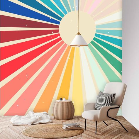 Rainbow Sun Wall Mural, Wall Murals For Bars, Rainbow Wall Design, Multicolor Accent Wall, Water Wall Mural, Cool Paint Ideas For Walls, Craft Room Mural, How To Paint A Mural On A Wall, Classroom Wall Mural