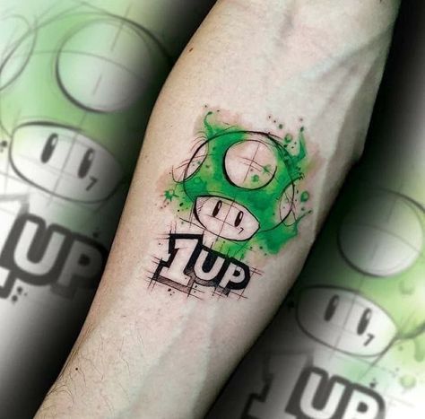 Super Mario Tattoo, Nintendo Tattoo, Best Tattoo Ideas For Men, Mario Tattoo, Pikachu Tattoo, Gamer Tattoos, Small Tattoos For Women, Mushroom Tattoos, Tattoo Fails