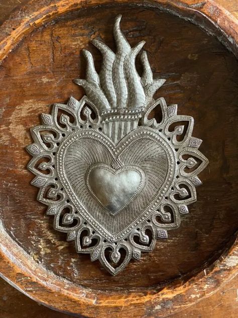 Sacred Heart Ornament, Mexican Sacred Heart Tattoo, Sacred Heart Illustration, Heart Branding, Mexican Hearts, Mexican Folk Art Decor, Celtic Artwork, Haitian Metal Art, Latino Art