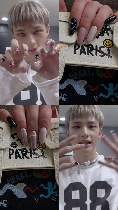 nails k-pop Kpop Nail Ideas Straykids, K Pop Nails Skz, Hyunjin Nails Designs, K Pop Idol Nails, Straykids Nails Designs, Hyunjin Nails, Straykids Nails, Ateez Nails, Pop Nails