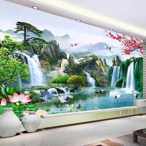 Custom 3D Wallpaper Waterfall Bamboo Lotus Nature Landscape Mural Living Room Study Room Bedroom Background Photo Wall Painting|Wallpapers| - AliExpress Waterfalls Wallpaper, Landscape Wall Painting, Wall Painting Living Room, Nature Presentation, Apartment Styles, Diy Portfolio, 3d Wallpaper Living Room, Waterfall Wallpaper, Grey Nature