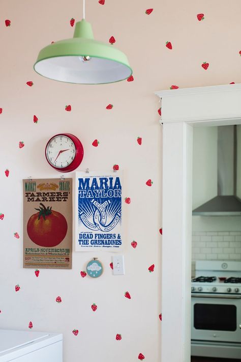 Strawberry Wallpaper, Home Depot Paint, Elsie Larson, Strawberry Kitchen, House Color Palettes, Plywood Cabinets, A Beautiful Mess, Pedestal Sink, Beautiful Mess