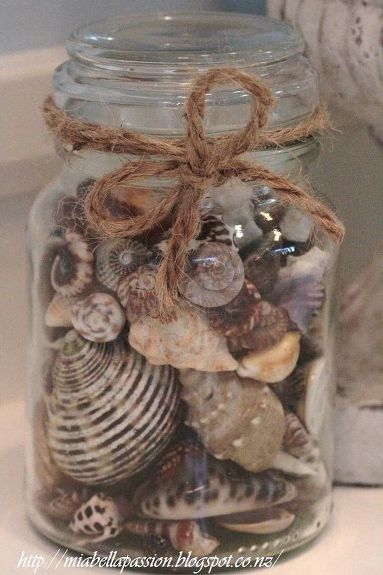 Jar Of Shells, Shell Jar, Twine Bow, Seashell Projects, Shells Diy, Shell Decorations, Beach Bathroom Decor, Shell Crafts Diy, Jar Decor