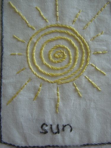 Sun Embroidery Simple, Sun Embroidery Design, Embroider Knitting, Sun Embroidery Pattern, Jacket Stitching, Sun Embroidery, Embroidered Sun, Embroidery Stitches Beginner, Nursery Cross Stitch