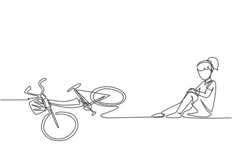 Single one line drawing little girl hurt fallen off the bicycle. Broken bicycle. Kids fallen from bike unhappy children. Bike accident. Modern continuous line draw design graphic vector illustration Bike Accident, Kids Falling, Bike Drawing, Girls On Bike, Autumn Illustration, One Line Drawing, Continuous Line Drawing, Bike Path, Continuous Line