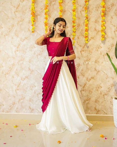 New Model Salwar Design, Half Saree Designs Onam, Half Saree For Marriage Function, Saree On A Skirt, Onam Poses In Pattupavada, Sari To Dress Designs, Half Saree Designs For Onam, Half Saree Wearing Styles, Onam Half Saree Outfits Ideas