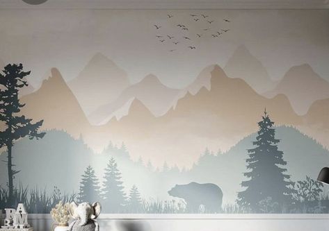 Mountain Wallpaper Nursery, Neutral Mountain Nursery, Nursery Ideas Mountains, Forest Mural Nursery, Nursery Wall Painting Ideas, Boy Nursery Mural, Nursery Murals Painted, Mountain Mural Nursery, Nursery Mountain Mural