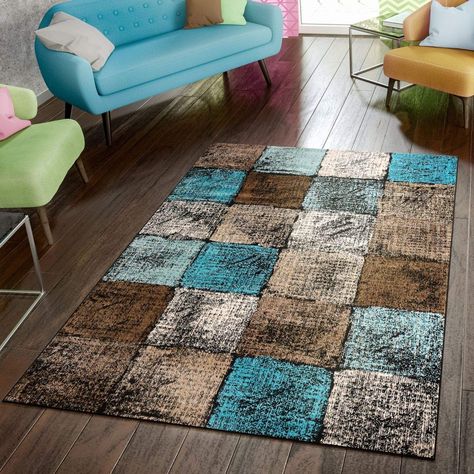 PRICES MAY VARY. SIZE: 78.75 x 110 inches | COLOR: Blue / Brown / Beige COMPOSITION: Machine Made / 100% Polypropylene / Backing: Jute / Pile-Height: 0.28'' / The Power Loomed construction adds durability to this Rug HIGHLIGHTS: Eyecatcher for every Room / kid and pet friendly / robust and fade-resistant / Suitable for Underfloor heating This Product is certified with the Oeko-Tex Standard 100 Easy to clean - we recommend spot cleaning with a mild detergent and regular vacuuming without a beater Turquoise Living Room Decor, Living Room Turquoise, Design Page, Brown Living Room, Yellow Area Rugs, Brown Area Rug, Unusual Design, Brown Area Rugs, White Area Rug