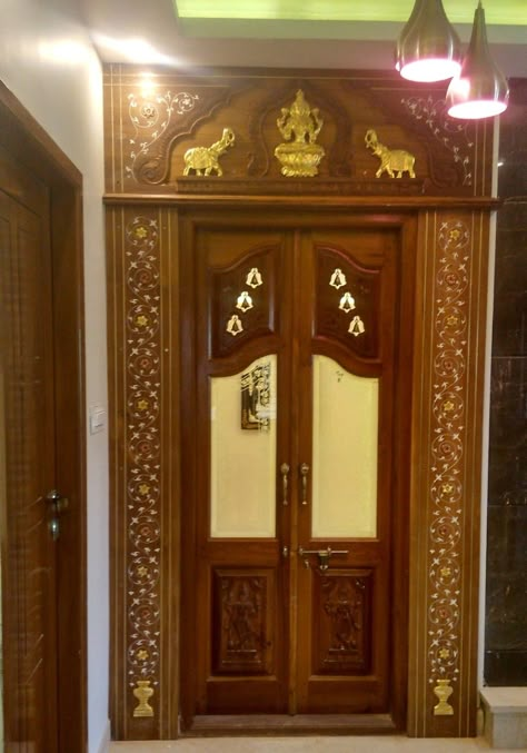 Poja Room Door Design Wood, Pooja Room Door Design Glass And Wood, God Room Door Designs, Puja Room Door Design Indian Modern, Pooja Door Design Indian Homes, Pooja Door Design Modern, Pooja Room Door Design Traditional, Pooja Room Door Design Modern, Pooja Room Double Door Designs