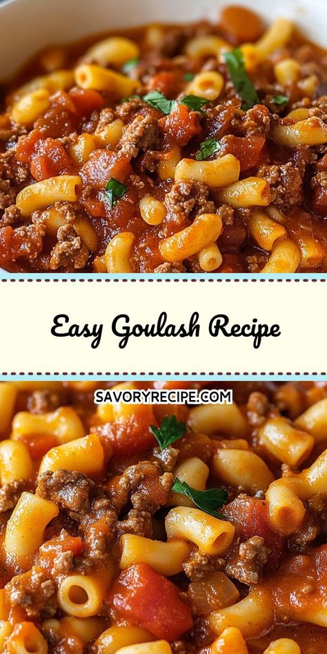 Satisfy your cravings with this Easy Goulash Recipe! This classic comfort dish features ground beef, elbow macaroni, and a flavorful tomato blend. Ready in just 30 minutes, it’s an ideal option for busy nights. Add this delicious recipe to your ground beef recipe roster today! Cheap Meals With Hamburger Meat, Easy Dinner Recipes With Ground Beef, Easy Dinner Recipes Ground Beef, Ground Chuck Recipes, Homemade Goulash, Classic Goulash Recipe, Elbow Macaroni Recipes, Ground Beef Stew Recipes, Best Goulash