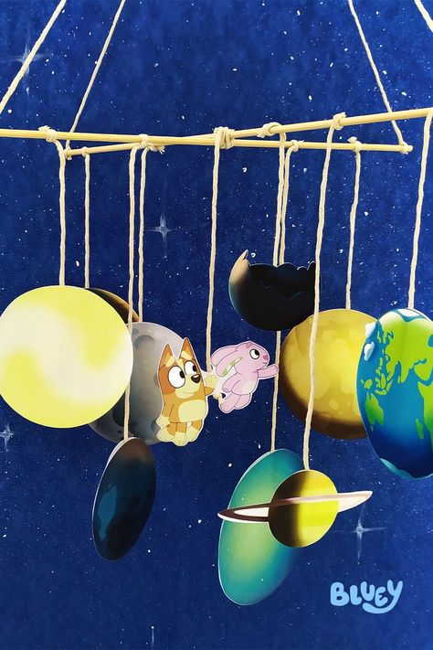 Diy Bluey Room Decor, Bluey Craft Ideas, Bluey Decor, Bluey Diy, Bluey Craft, Bluey Crafts, Solar System Craft, Solar System Mobile, Solar System Crafts