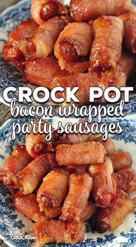 Whether you want the ultimate appetizer for a party or want a treat for yourself, you don't want to miss these Bacon Wrapped Crock Pot Party Sausages! Party Sausages, Bacon Wrapped Potatoes, Bacon Wrapped Sausages, Bacon Wrapped Chicken Bites, Appetizers Ideas, Sausage Crockpot, Sauce Cocktail, Cocktail Sausages, Clean Eating Salads