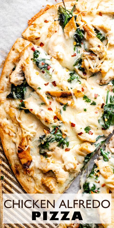 This perfect white pizza balances tender white meat chicken, vibrant and healthy spinach, and cheesy alfredo sauce for a meal the whole family will crave. Plus, this Chicken Alfredo Pizza is super simple and quick to make! Cheesy Alfredo Sauce, Alfredo Pizza Recipe, Chicken And Mozzarella, Chicken Alfredo Pizza, Pizza Oven Recipes, White Pizza Recipes, Alfredo Pizza, Spinach Pizza, Spinach Chicken