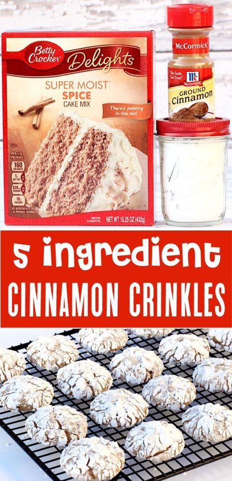 Cinnamon Crinkle Cookies Recipe! {5 Ingredient Spice Cookie} Cinnamon Crinkle Cookies, Fall Cookies Recipes, Spice Cake Mix Cookies, Fall Cookie Recipes, Crinkle Cookies Recipe, Cookies And Cream Cake, Cake Mix Cookie Recipes, Cinnamon Cake, Spice Cake Mix