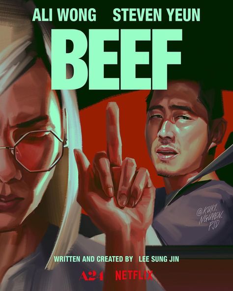 beef (art by kuki.nguyen.psd) Beef Netflix Poster, Beef Series Poster, Steven Yeun Beef, Beef Netflix Series, Beef Series, Beef Show, A24 Party, Beef Poster, A24 Movies