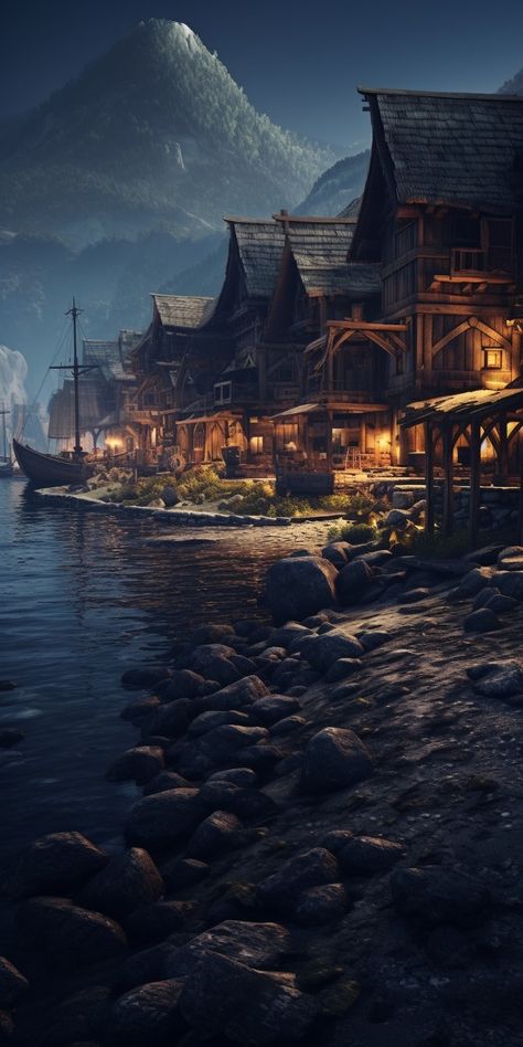 Fantasy Village Aesthetic, Pirate Town, Pirate House, Lakeside Village, Calming Pictures, Fantasy Village, Seaside Village, Fantasy City, Fantasy Places