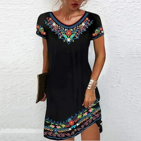 Women's Fashion Comfortable Casual Ethnic Short Sleeve Round Neck Print Dress Features: 1.One is Cute Dress ,can be a gift for the upcoming .idea. Great Dress for parties! Great present for ALL. 2.Polyester and Spandex make you feel soft and comfortable.machine and hand wash,the surface without any attachments, have good air permeability.Soft and Breathable material,unique design and comfortable to wear. 3.Occasion: Good for casualdaily or workout use and special occasion, Suit for Spring/Summer Casual Short Sleeve Dress, Printed Summer Dresses, Womens Floral Dress, Mini Robes, Ethnic Dress, Midi Dress Casual, Short Sleeve Mini Dress, Vestido Casual, Vintage Elegant