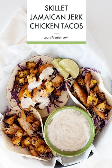 Skillet Jamaican Jerk chicken tacos with pineapple and a creamy sauce for an easy taco night recipe! #tacotuesday #chickentacos Jerk Chicken Tacos, Taco Night Recipes, Tacos With Pineapple, Easy Fish Tacos, Jamaican Jerk Chicken, Easy Taco Recipes, Jamaican Dishes, Chicken Taco Recipes, Meatless Main Dishes