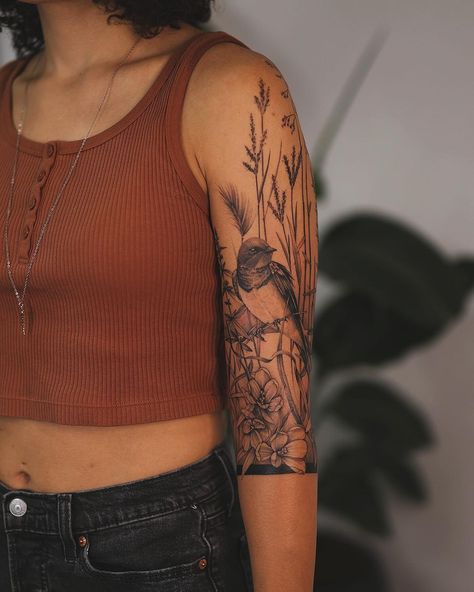 I’m in love with this design! Two days in a row, thank you Chelsea for coming from Montreal. #sleevetattoo #sleevedesign #birdtattoo | Instagram A Sleeve Tattoo, Artsy Tattoos, Inner Bicep Tattoo, Sleeve Tattoo Ideas, Western Tattoos, Forarm Tattoos, Half Sleeve Tattoos For Guys, Theme Tattoo, Upper Arm Tattoos