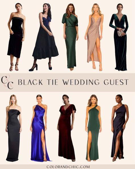 Black Tie Attire For Women Wedding Summer, Colorful Black Tie Wedding Guest, Fall Black Tie Wedding Guest, October Black Tie Wedding Guest, Fall Formal Dresses Wedding Guest Black Tie, Black Tie Wedding Dress Guest, Black Tie Women Outfits, What To Wear To A Black Tie Wedding, Fall Black Tie Wedding Guest Dress