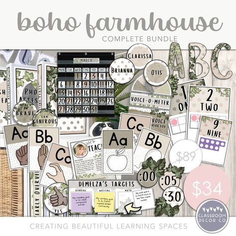 This Boho Farmhouse style complete classroom bundle is the perfect way to create a stunning, modern and organized classroom. Complete with everything you need to create your perfect displays, keep all your files and resources organized and create a classroom you and your learners will be super proud of. The complete bundle of customizable classroom displays in a rustic boho farmhouse theme will bring calm and style to your classroom. Using a stunning earthy toned color palette, this classroom Boho Bulletin Board Ideas, Natural Classroom Decor, Boho Farmhouse Style, Natural Classroom, Modern Teacher, Farmhouse Classroom, Organized Classroom, Farmhouse Theme, Clock Numbers