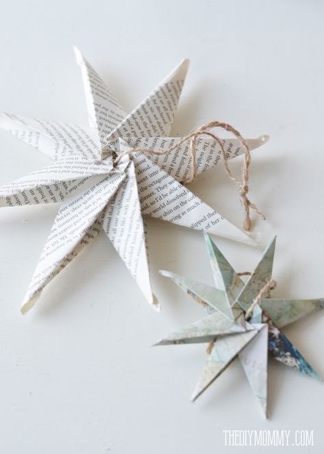 DIY Christmas Ornament: Book Page or Map Paper Star | The DIY Mommy Vintage Inspired Christmas Tree, Diy Christmas Paper, Diy Christmas Star, Diy Mommy, Paper Christmas Decorations, Paper Christmas Ornaments, Map Paper, Star Ornaments, Diy Christmas Ornament