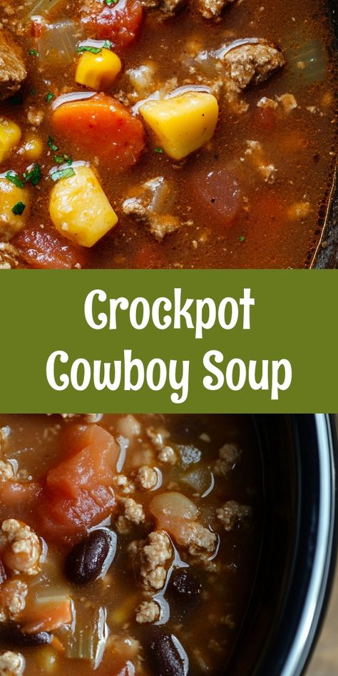 As the aroma of the Cowboy Soup filled the kitchen, my kids eagerly gathered around, their anticipation warming my heart. After a long week, sharing this hearty meal together with my partner reminded us of our cozy family traditions. Cowboy Soup Recipe Crock Pot, Crockpot Recipes Soups And Stews, Dump Soups In A Crock Pot, Cozy Crockpot Soup, Hobo Soup Recipes, Cold Weather Recipes Crock Pot, Crock Pot Cowboy Soup, Cowboy Soup Instant Pot, Crockpot Cowboy Soup Recipes