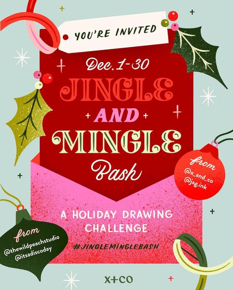 2023 Prompts, Instagram Prompts, Holiday Drawing, Party Drawing, Lettering Illustration, December 1st, Drawing Challenge, Christmas Party, I Can