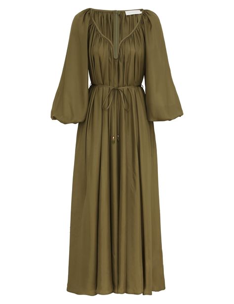 Acacia Maxi Dress Khaki Online | Zimmermann How To Style A Maxi Dress, Sable Coat, Galvan London, Gathered Neckline, Mink Coat, Zimmermann Dress, Resort Dresses, Feather Dress, Khaki Dress