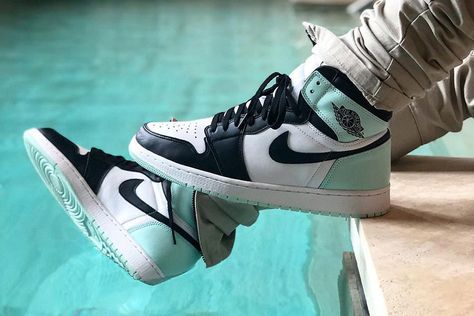 The Jordan 1 is shown in a forthcoming colorway, featuring an eye-catching turquoise hit on the heel, as well as black and white leather panels. Aj1 Mid, Nike Shoes Jordans, Nike Air Jordan Retro, Jordan 1 High Og, Air Jordan Sneakers, Air Jordan 1 Retro High Og, Air Jordan 1 Retro High, Nike Free Shoes, Womens Jordans