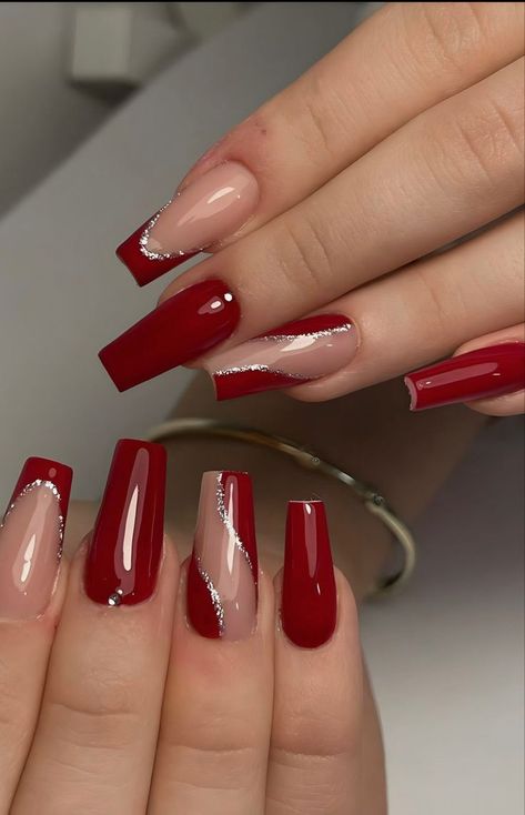 Red Acrylics With Design, Red Nail Designs Classy Long, Cute Red Nails For Prom, Red Basic Nails, Formal Red Nails, Prom Nail Ideas Red, Red Nails With Gems Rhinestones, Red With Gold Nails, Cute Red Acrylic Nails