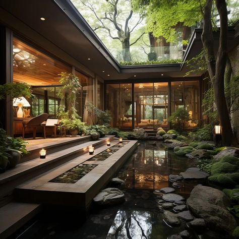 Scandinavian Spring, Japanese Style House, Casa Country, Seni Dan Kraf, Courtyard House, Design Exterior, A Pond, Forest House, Dream House Exterior