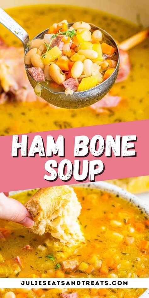 Got leftover ham bone? Make this delicious, easy Ham Bone Soup! It's loaded with navy beans, onion, carrot, celery and ham for a hearty dinner that will you fill you up. Perfect for a family dinner that everyone will love. Ham Bone Soup Recipes, Ham Bone Recipes, Leftover Ham Bone, Ham Soup Recipes, Ham Bone Soup, Navy Beans, Holiday Leftovers, Bone Soup, Leftover Ham Recipes