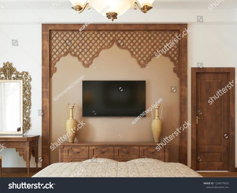 Traditional Tv Unit Design, Wooden Wall Tv, Interior Design Guidelines, Wall Tv Stand, Wooden Tv Unit, Dads Room, Arabic Style, Tv Wall Decor, Clothes Organization Diy