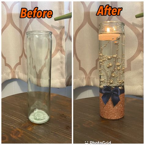 Rose gold and navy floating candle centerpiece 1. Dollar Tree candles holder 2. Painter’s tape 3. Mod podge 4. Rose gold glitter 5. Navy blue ribbon 6. Navy blue bow 7. Hot glue gun 8. Gold floating beads 9. White floating candle Rose Gold And Navy Blue Centerpieces, Blue And Gold Centerpieces For Party, Navy Blue And Gold Centerpieces, Blue And Gold Centerpieces, Square Vase Centerpieces, Navy Centerpieces, Gold Vase Centerpieces, Cylinder Vase Centerpiece, Gold Table Centerpieces