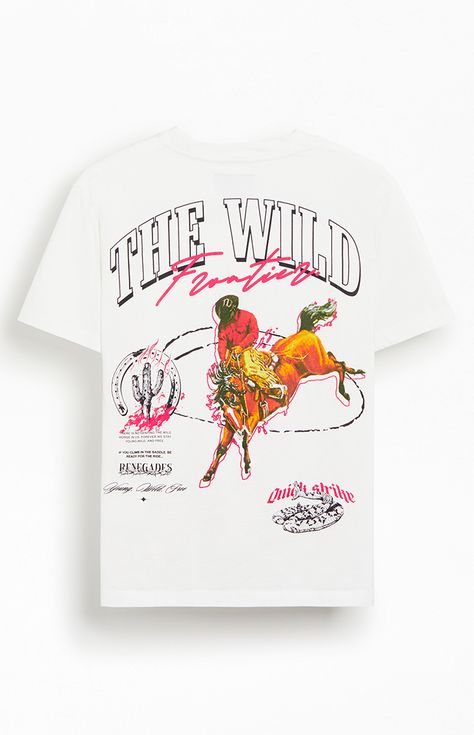 Explore in style with the Wild Frontier Oversized T-Shirt, featuring a crew neckline, short sleeves, and a oversized fit. This shirt boasts eye-catching graphics on the left chest and back, perfect for any adventure.   	Crew neckline 	Short sleeves 	Oversized fit 	Left chest & back graphics 	Machine washable Represent Thoroughbred T Shirt, Deus Ex Machina Tshirt, Alien Tshirt Design, Life Of Pablo Merch, Minimal Tshirt Design, Minimal Tshirt, Alien Tshirt, Western Designs, Buffalo Shirt