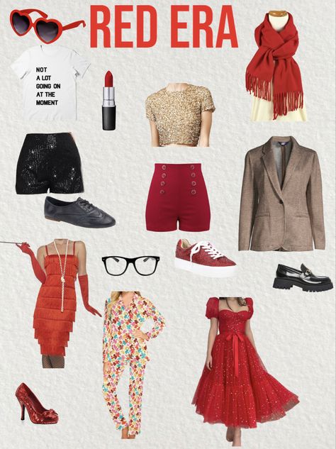 Taylor Swift Red Album Cover Outfit, Taylor Swift Iconic Outfits Red Era, Taylor Swift Eras Themed Outfits, Taylor Swift Red Outfit Aesthetic, Taylor Swift Eras Red Outfit, Taylor Swift Concert Outfit Ideas Red Era, Taylor Swift Red Music Video Outfits, Taylor Swift Red Outfits Inspiration, Taylor Swift Simple Outfits