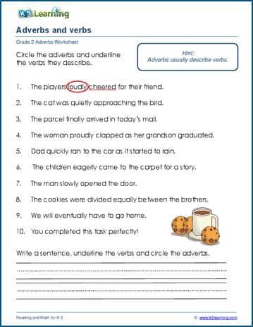 Adverbs and verbs | K5 Learning Verbs And Adverbs, Worksheets Grade 2, Log Math, Kindergarten Grammar, Adverbs Worksheet, Early Science, Cursive Writing Worksheets, Comprehension Exercises, Comparing Numbers