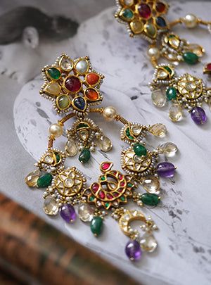 Navratna Earrings, Aurus Jewels, Navratan Jewellery, Gold And Emerald, Modern Gold Jewelry, Pretty Jewelry Necklaces, Antique Jewellery Designs, Bridal Jewellery Design, Jewelry Set Design