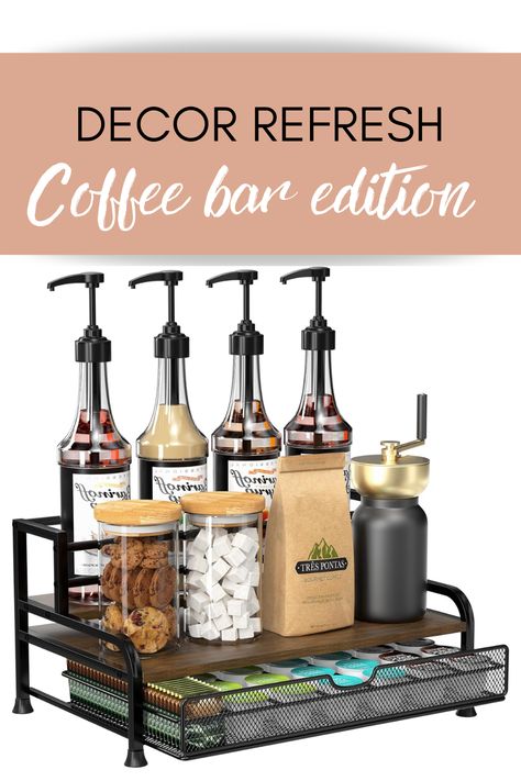 Some people prefer an old-fashioned drip coffee brewer, but those with particularly busy schedules still opt for a k-cup brewer. This storage shelf is for those people!    3-Tier 8 Bottles Coffee Syrup Rack with 35 K Cup Storage Basket for Coffee Bar Coffee Bar With Syrup Display, Coffee Bar Syrup, Kitchen Coffee Station, K Cup Storage, Coffee Organization, Coffee Station Kitchen, Coffee Bar Station, Little Cabin In The Woods, Cup Storage