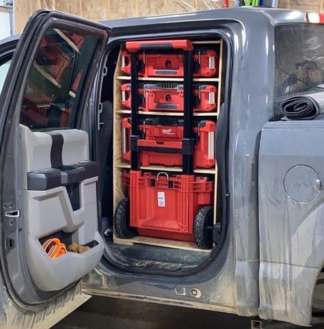 Truck Box Ideas, Truck Bed Tool Storage, Truck Cab Organization, Milwaukee Packout Ideas Truck, Truck Tool Box Organization, Truck Organization Ideas, Work Van Organization Ideas, Truck Tool Storage, Milwaukee Packout Ideas