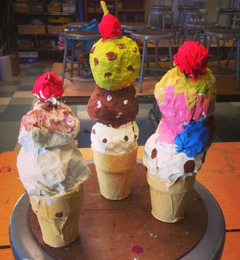 Paper Mache Ice Cream Cones, Part 2 Paper Mache Ice Cream, Paper Mache Art Projects, Elementary Projects, Ice Cream Crafts, Classe D'art, 3d Art Projects, Paper Mache Projects, Art Children, Art Projects For Kids