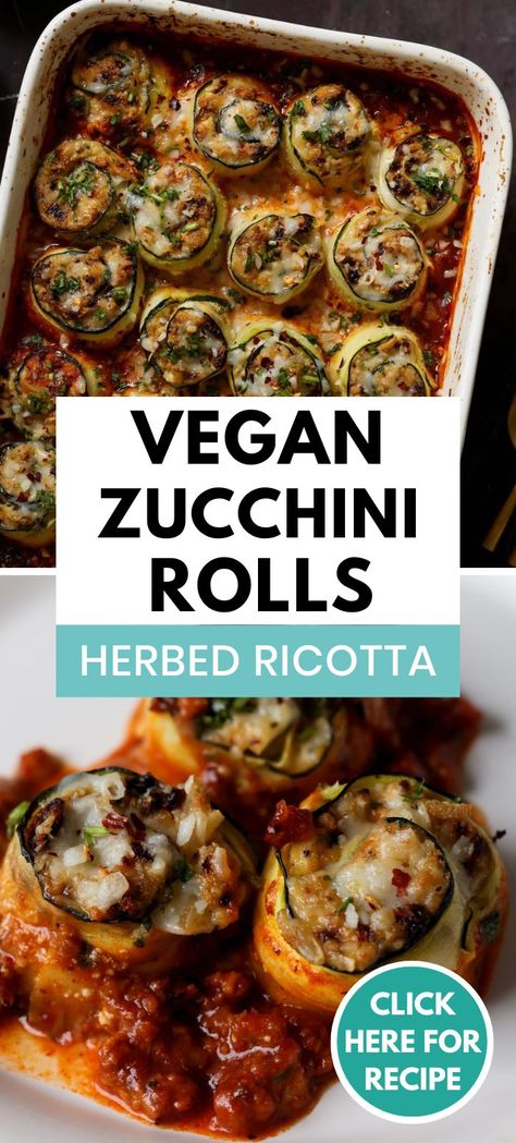 zucchini rolls in a casserole dish and zucchini rolls on a plate Vegan Zucchini Lasagna Roll Ups, Zucchini Rolls With Ricotta, Vegan Lasagna Roll Ups, Zucchini Vegan Recipes, Vegan Tomato Recipes, Vegan Italian Dinner, Zucchini Recipes Vegan, Unicorn Kitchen, Vegan Zucchini Lasagna