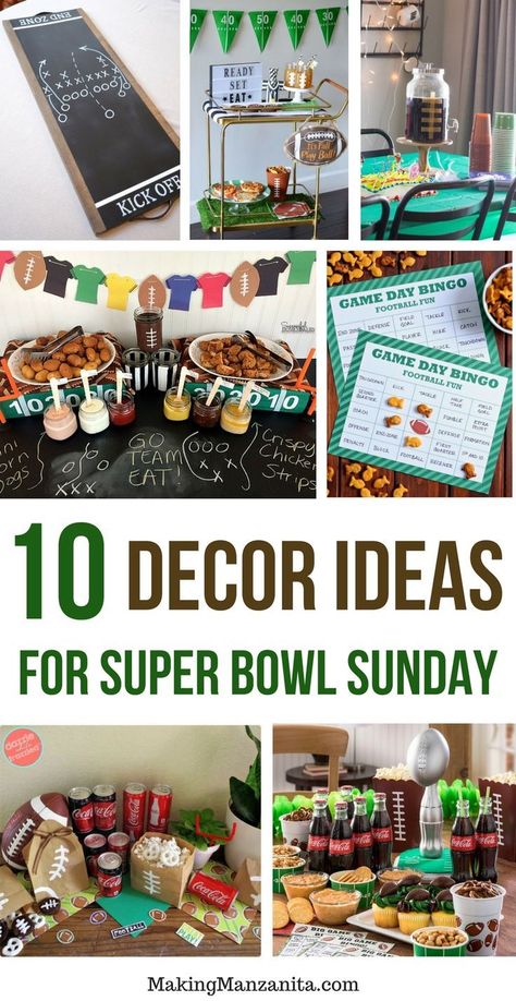 10 Decor Ideas for Super Bowl Sunday | 10 Simple Tutorials | How to make DIY Easy Super Bowl Decorations | Creative Printable Games (like Bingo Cards) for Football Party | Football Themed Party Projects like Tablescape | Football Serving Tray | Football Snack Bags | Decorated Bar Cart | DIY Trophy for Winner Super Bowl Party Set Up, Super Bowl Set Up, Simple Super Bowl Decorations, Football Party Tablescape, Super Bowl Party Decorations Diy Simple, Superbowl Party Decorations Printable, Superbowl Diy Decorations, Super Bowl 2024 Party, Super Bowl Tablescape