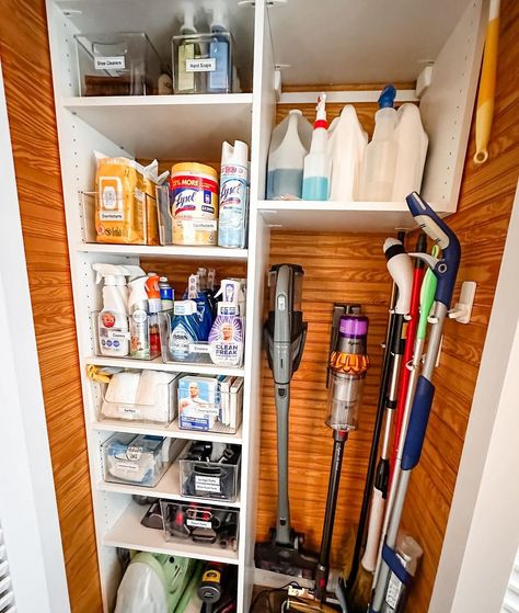 IT'S ORGANIZED | Utilizing Spaces for Utility! The custom closet buildout of this unused space allowed us to create the perfect #cleaning storage zone for… | Instagram Coat Closet To Utility Closet, Mop Closet Organization, Utility Closet Pantry, Hall Utility Closet Organization, Cleaning Closet Design, Small Vacuum Closet, Broom Closet Ikea, Cleaning Supply Closet Ideas, Cleaning Products Organization Storage