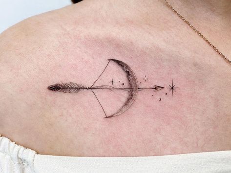 Tattoos Crescent Moon, Moon Bow And Arrow, Bow Arrow Tattoos, Moon Tattoo Design, Moon Tattoo Ideas, Sagittarius Tattoo Designs, Hero Tattoo, Moon Tattoos, Crescent Moon Tattoo