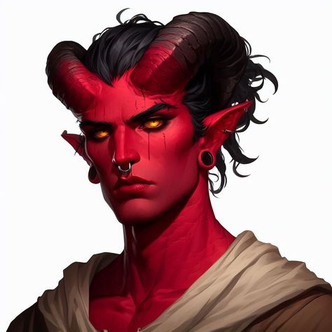 Feral Tiefling Male, Red Skin Character, Male Succubus Design, Teifling Male Character Art, Tiefling Barbarian Male, Male Tiefling Character Design, Dnd Tiefling Character Design, Red Tiefling Male, Dnd High Elf