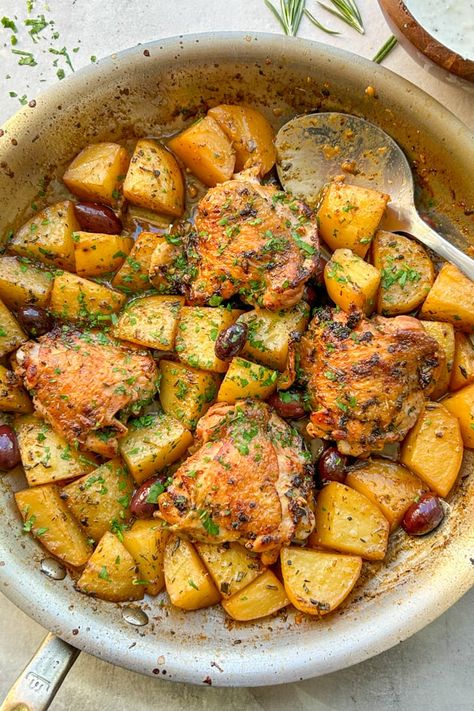 One-Pan Greek Chicken and Potatoes with Garlicky Yogurt Sauce | PrimalGourmet Chicken Legs Recipes, Greek Chicken And Potatoes, Greek Chicken Marinade, Greek Chicken Recipes, Yogurt Chicken, Greek Potatoes, Chicken And Potatoes, Greek Yogurt Recipes, Mediterranean Chicken